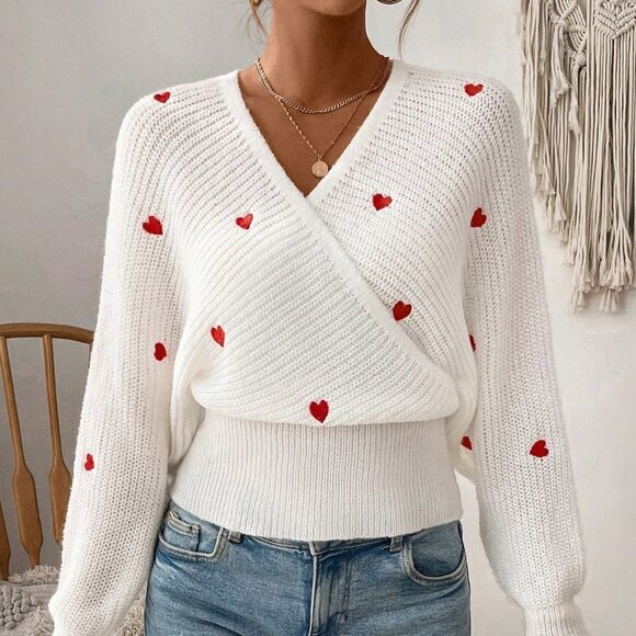 White Casual Women's Heart Embroidery Batwing Sleeve Wrap Sweater - Picture 5 of 5